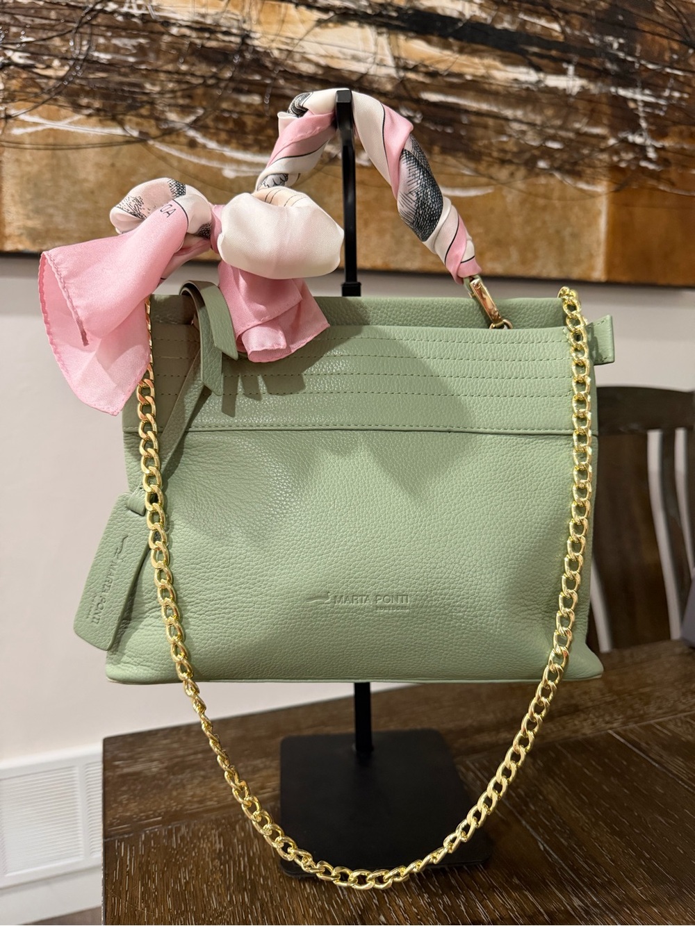 Marta Ponti of Portugal Sage Green Leather Handbag with Gold Chain